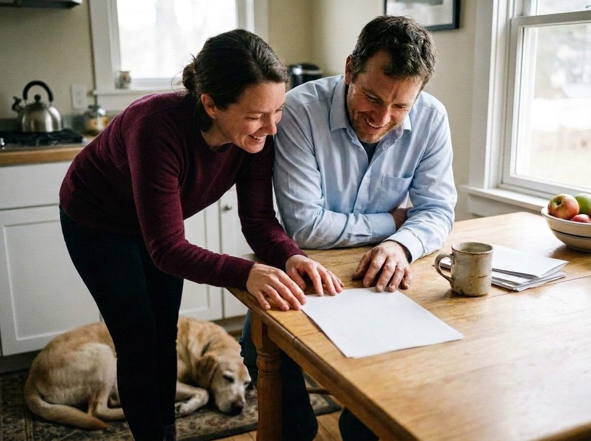 A veterinarian and her husband leaning on their kitchen table on a bright morning, reading a printed statement together while their yellow Labrador sleeps on the floor.
