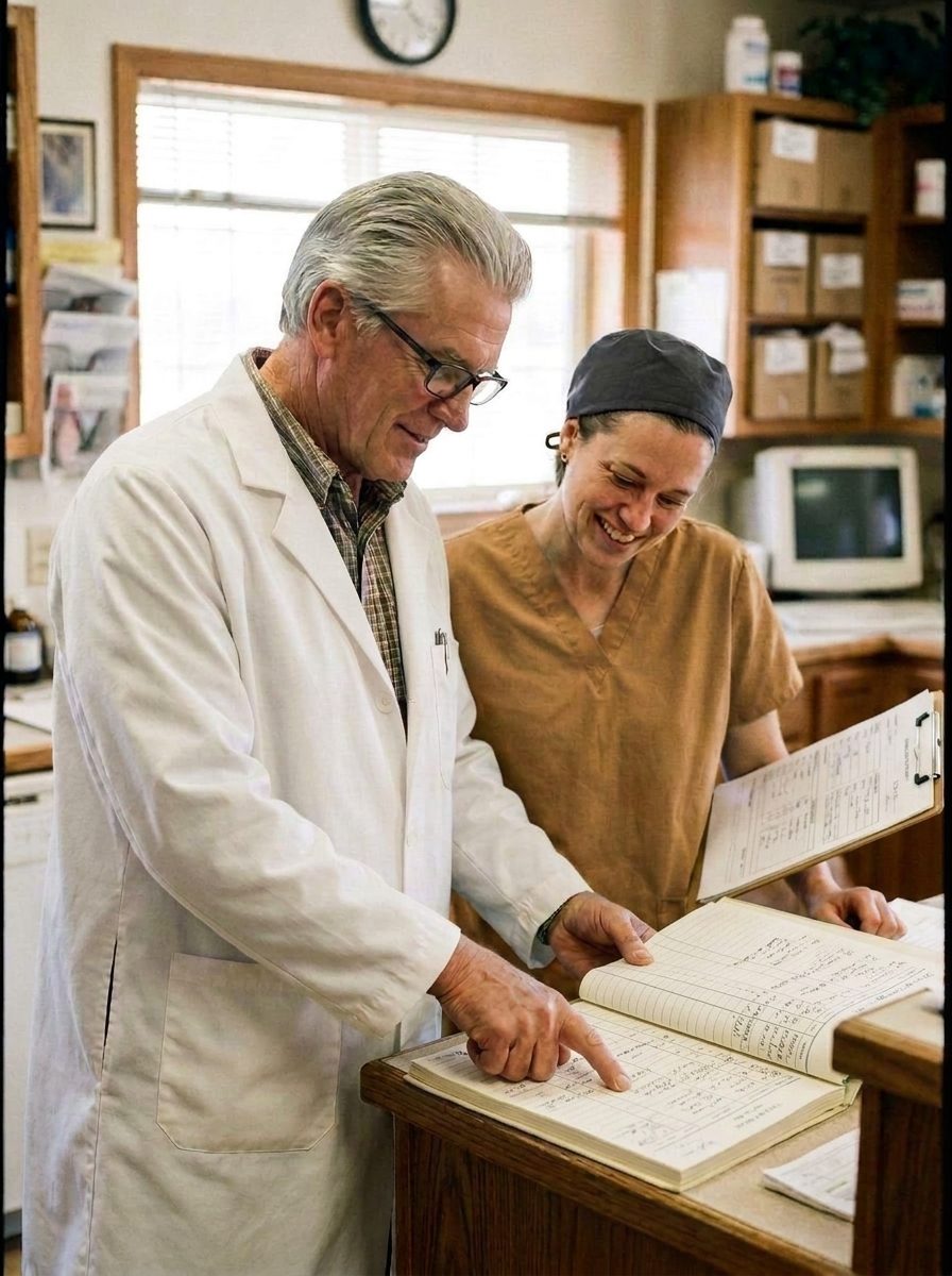 A veterinarian in his early sixties with steel-grey hair and wire-rimmed glasses tracing a line down an open ledger on the back-office counter while a colleague in caramel scrubs looks on and smiles.
